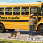 Ferma lo scuolabus per permettere a un bambino di salvare un gattino - illustrazione AI