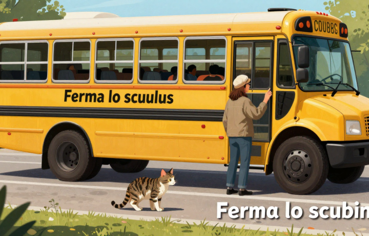 Ferma lo scuolabus per permettere a un bambino di salvare un gattino - illustrazione AI