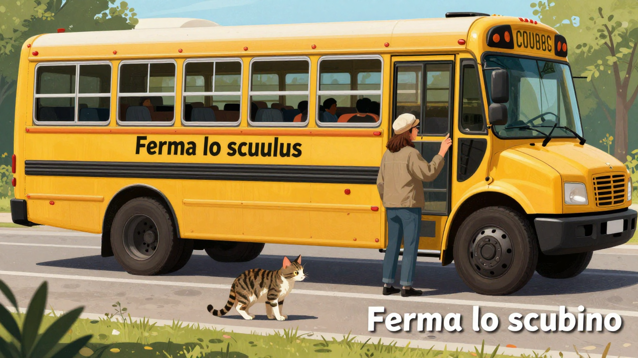 Ferma lo scuolabus per permettere a un bambino di salvare un gattino - illustrazione AI